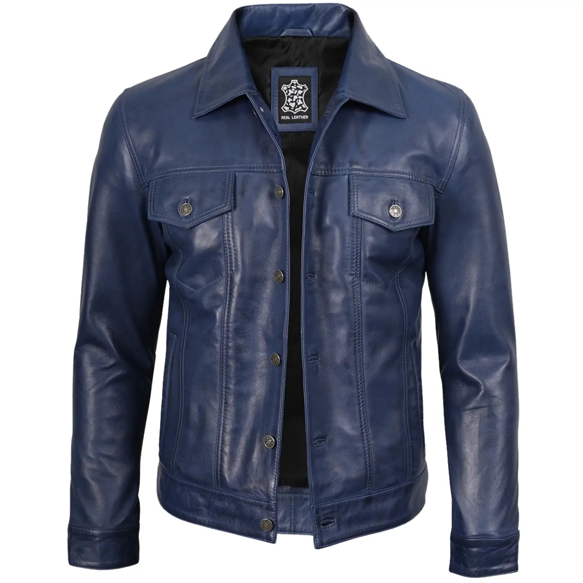 Men's Blue Leather Trucker Jacket