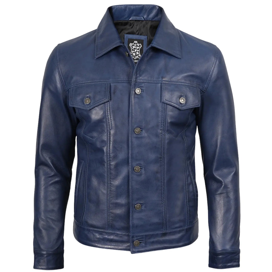 Men's Blue Leather Trucker Jacket