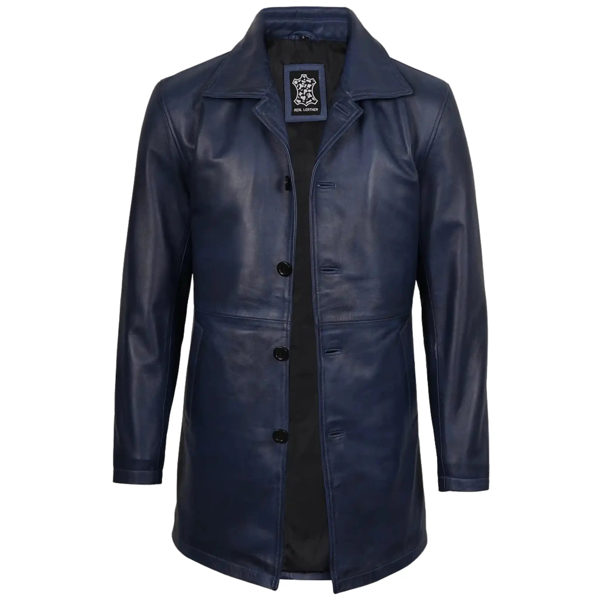 blue leather coat on a white background