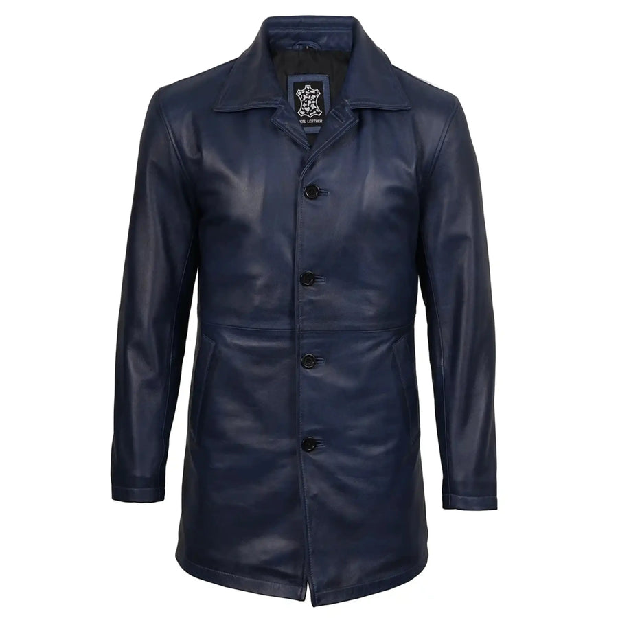 Men's Blue Waxed 3/4 Length Leather Car Coat