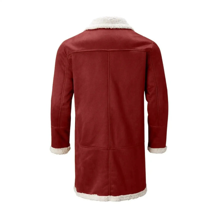 Red coat with white fur trim on a white background