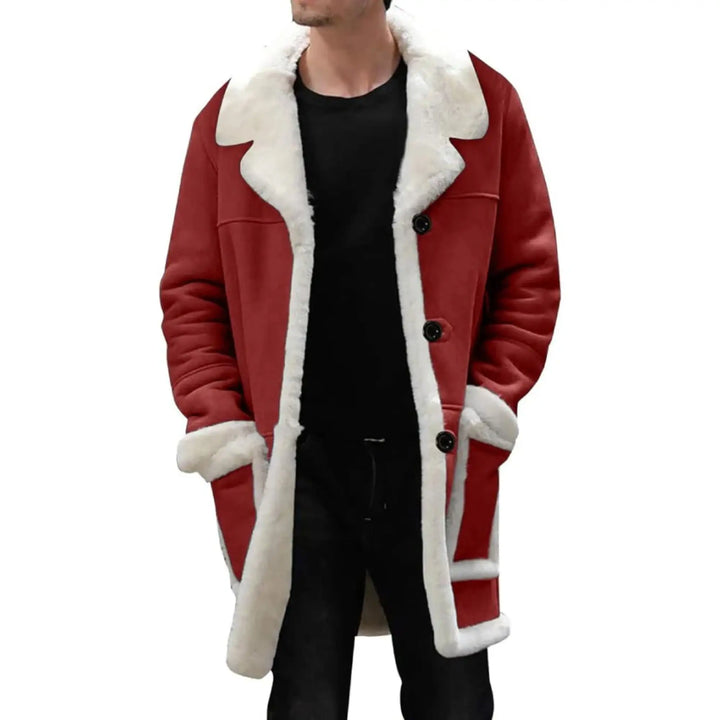 Red coat with white fur lining worn by a person on a white background