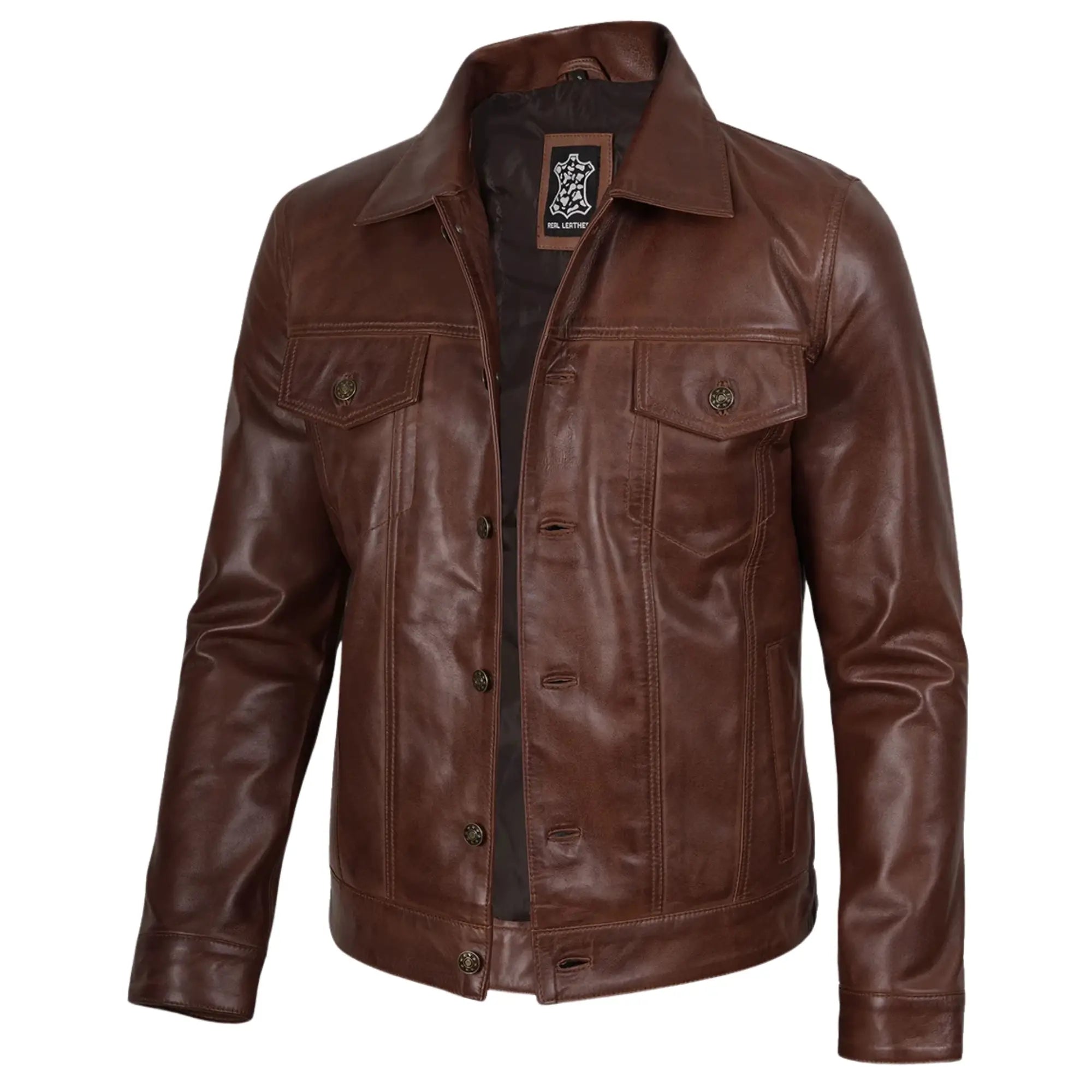 Men's Brown Sheepskin Leather Trucker Jacket