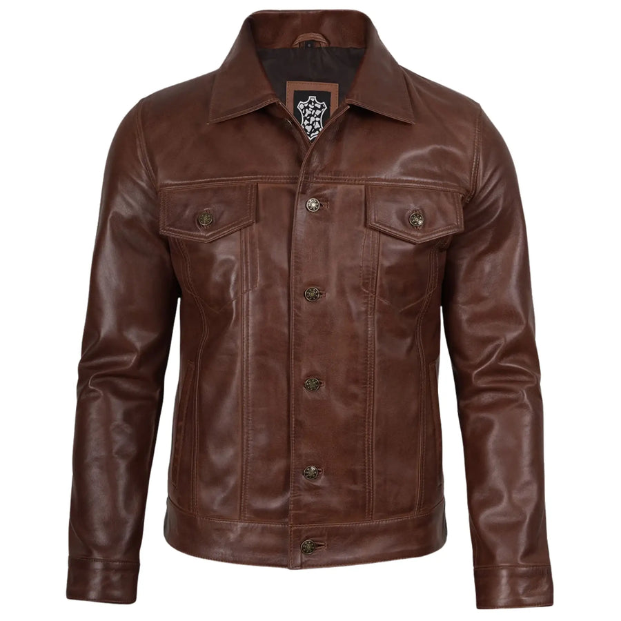 Men's  Brown Sheepskin Leather Trucker  Jacket