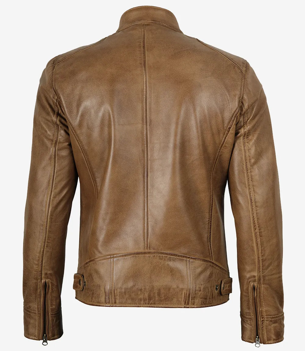 Men's Camel Brown Cafe Racer Leather Jacket