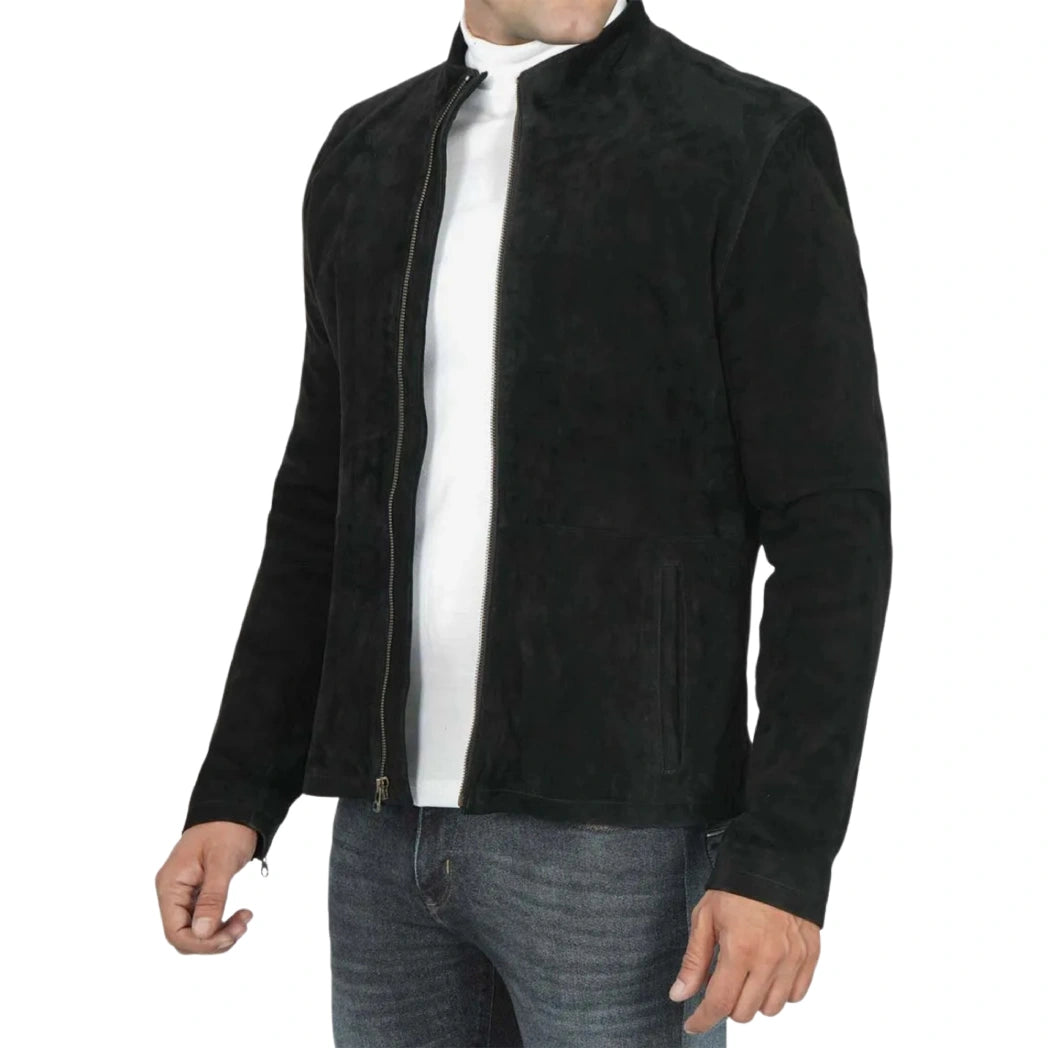 Men's Classic Black Suede Biker Style Leather Jacket