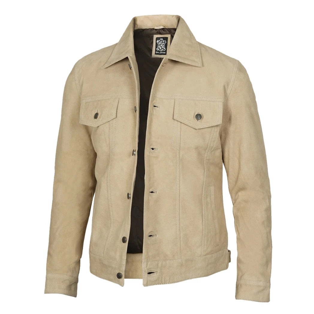 Men's Classic Real Suede Camel Trucker Style Leather Jacket