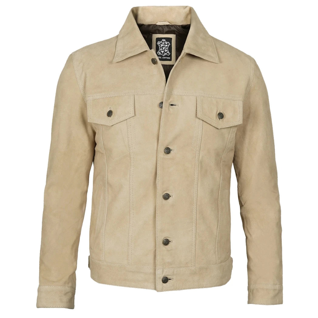 Men's Classic Real Suede Camel Trucker Style Leather Jacket