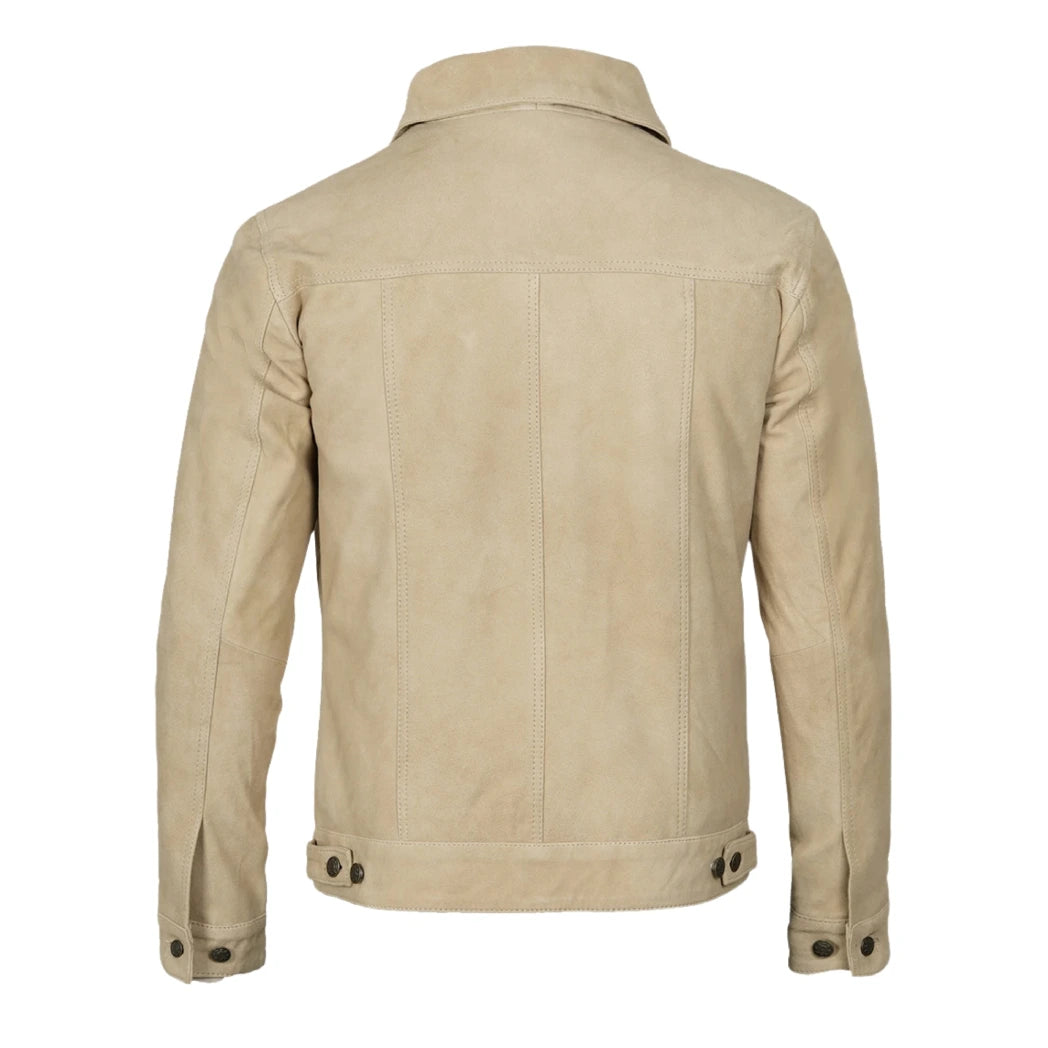 Men's Classic Real Suede Camel Trucker Style Leather Jacket