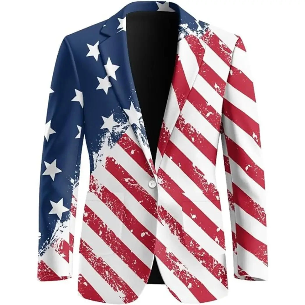 Men's Classic USA Flag Color Print One-Button Blazer
