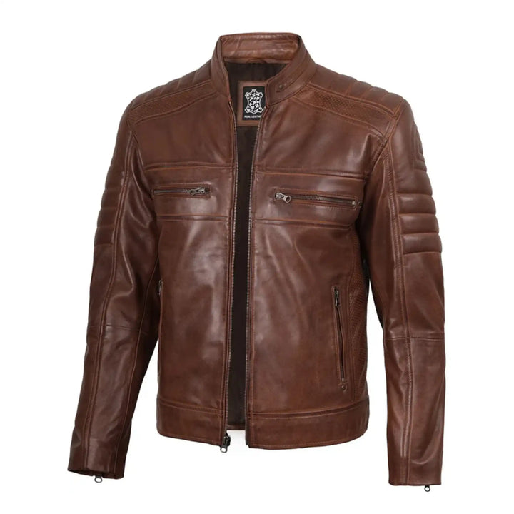 Brown leather jacket on a white background
