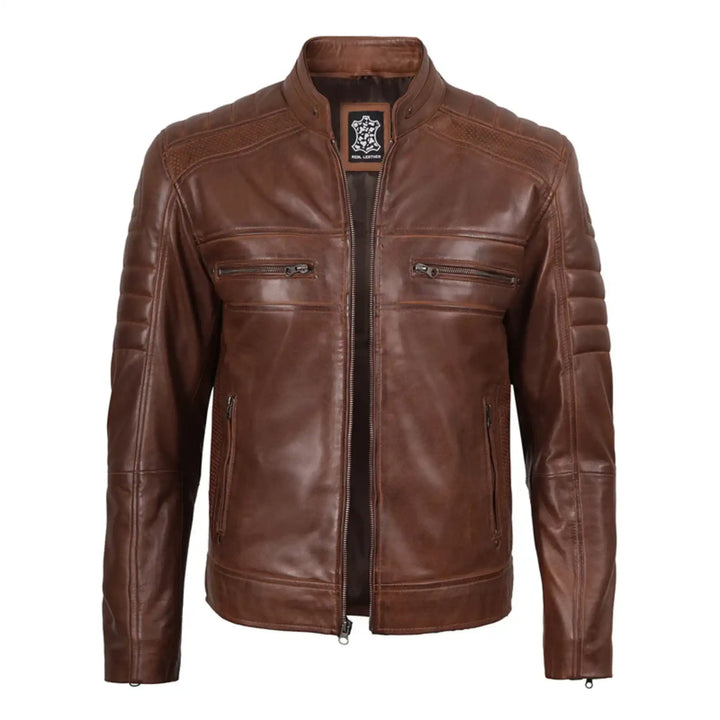 Brown leather jacket on a white background