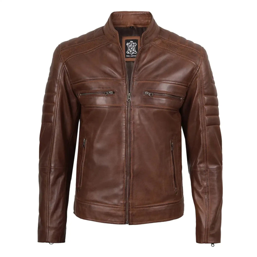 Men's Cognac Brown Cafe Racer Leather Jacket
