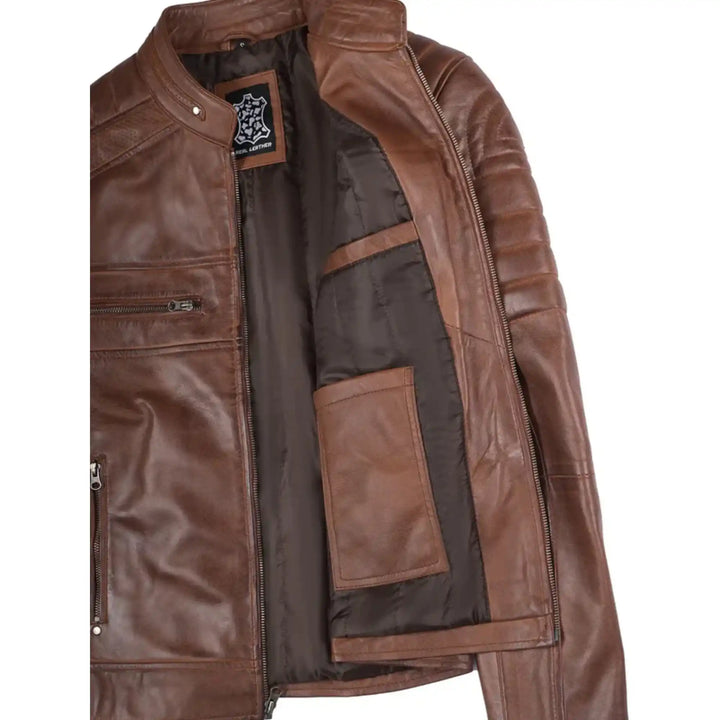 Brown leather jacket on a white background
