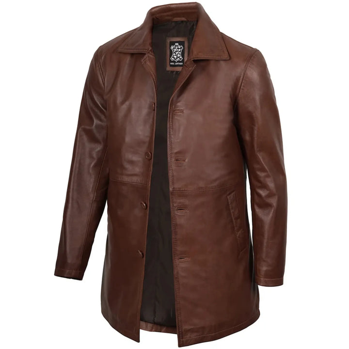 Men's Dark Brown 3/4 Length Leather Car Coat
