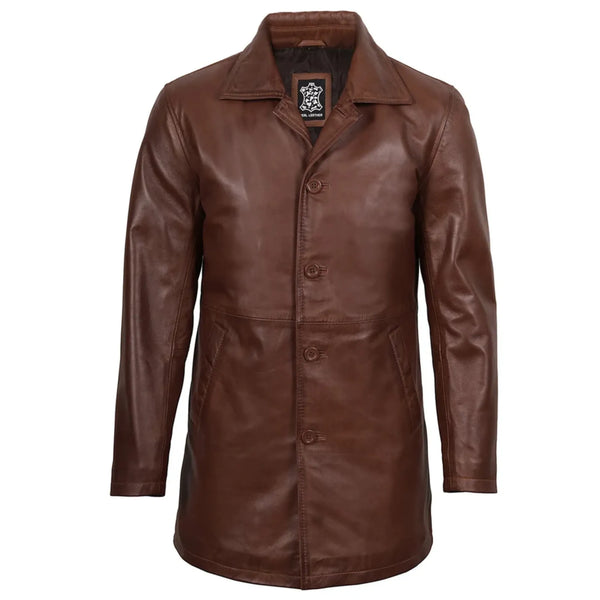 Men's Dark Brown 3/4 Length Leather Car Coat