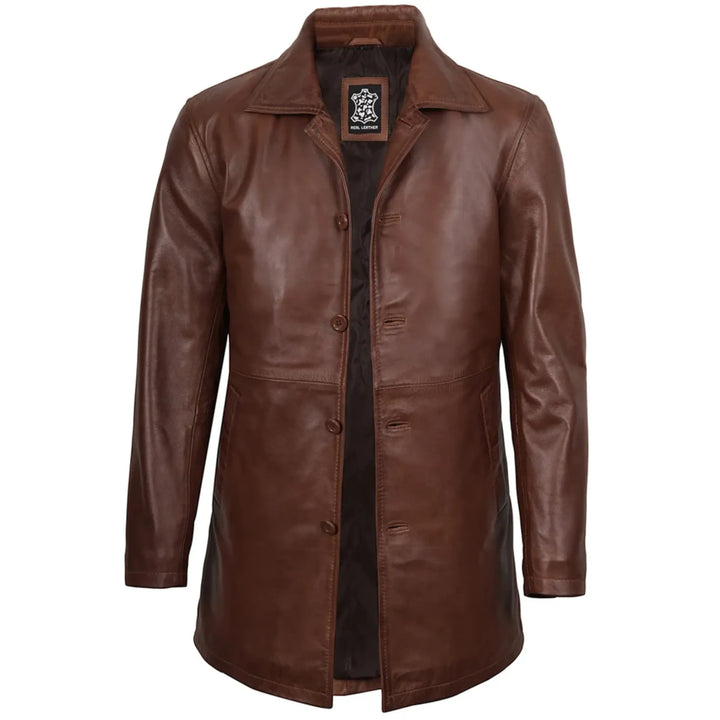 Men's Dark Brown 3/4 Length Leather Car Coat
