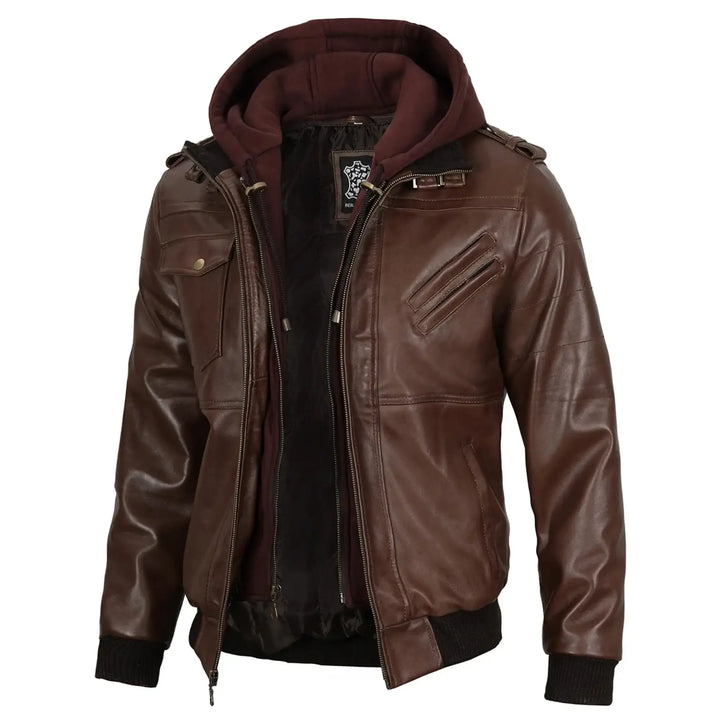 Brown leather jacket with a hood on a white background
