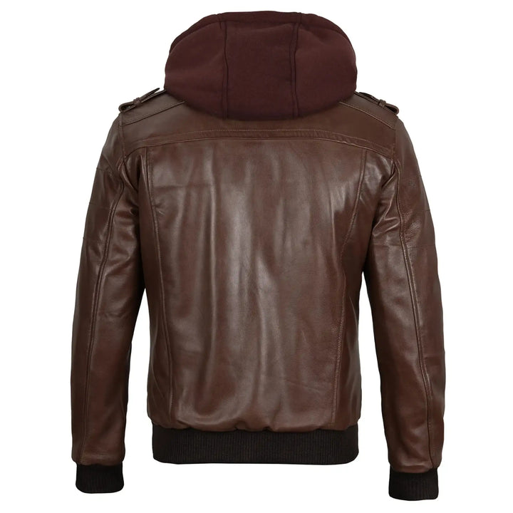 Brown leather jacket with a hood on a white background