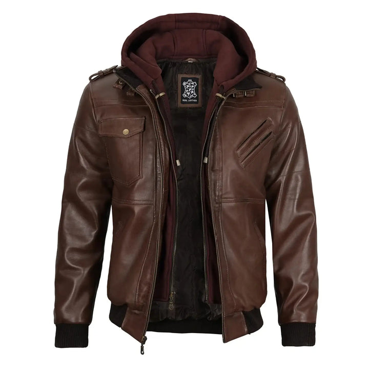 Brown leather jacket with a hood on a white background