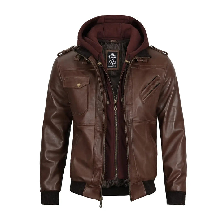 Brown leather jacket with a hood on a white background