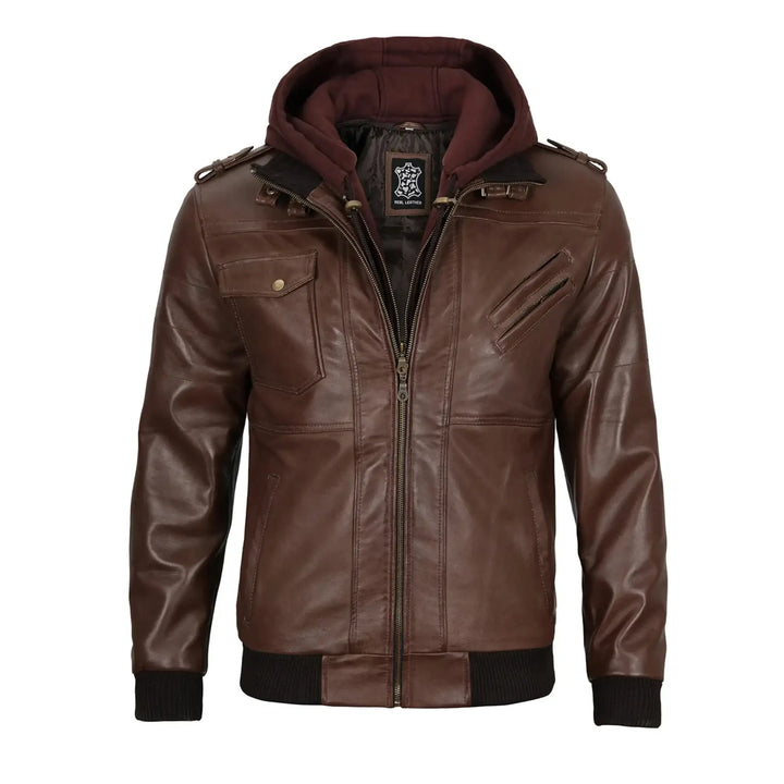 Brown leather jacket with a hood on a white background