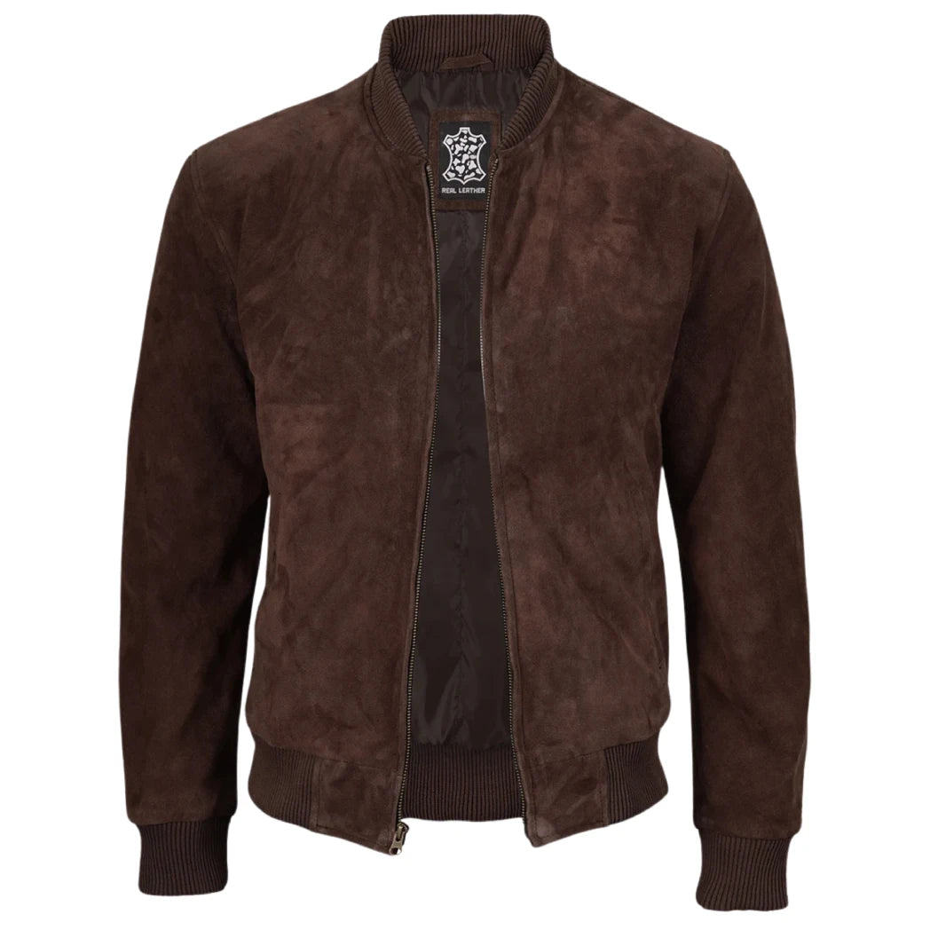 Men's Dark Brown Suede Leather Bomber Jacket