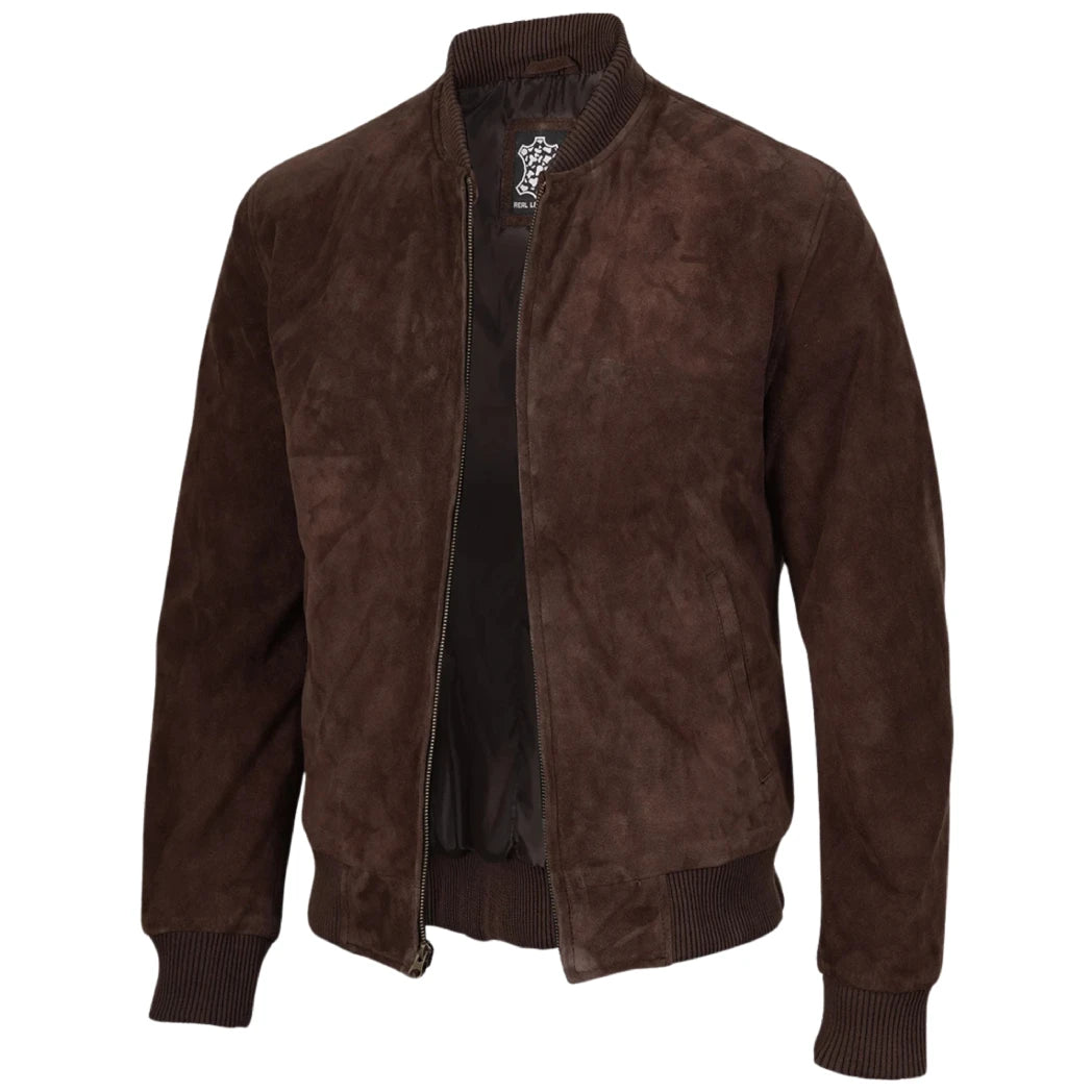 Men's Dark Brown Suede Leather Bomber Jacket