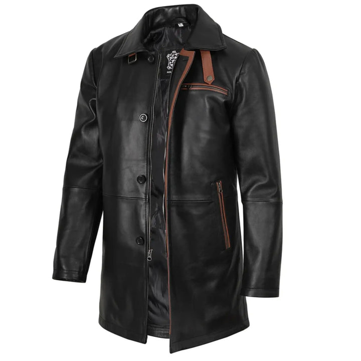 Black leather coat with brown accents on a white background