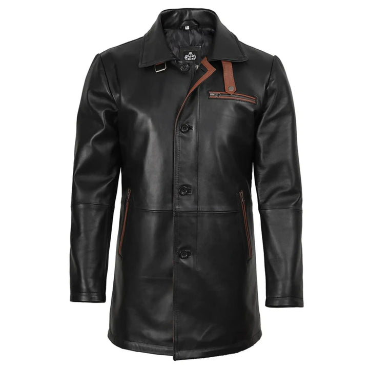 Black leather coat with brown accents on a white background