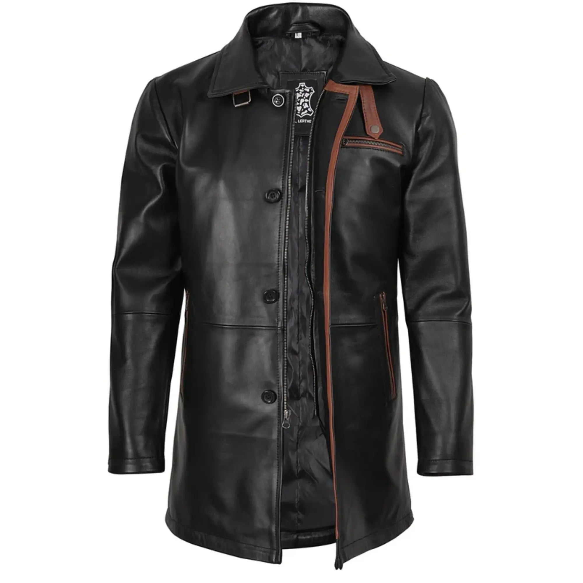 Black leather coat with brown accents on a white background