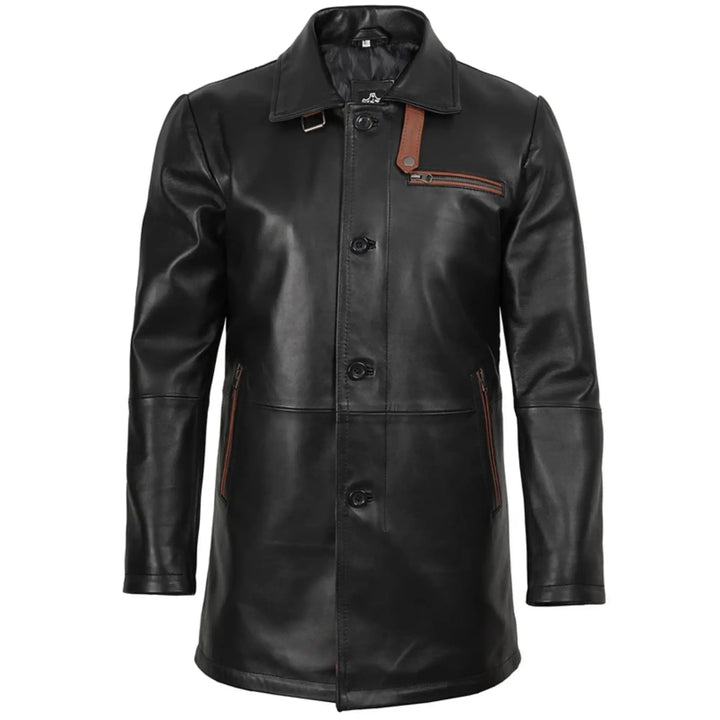 Black leather coat with brown accents on a white background