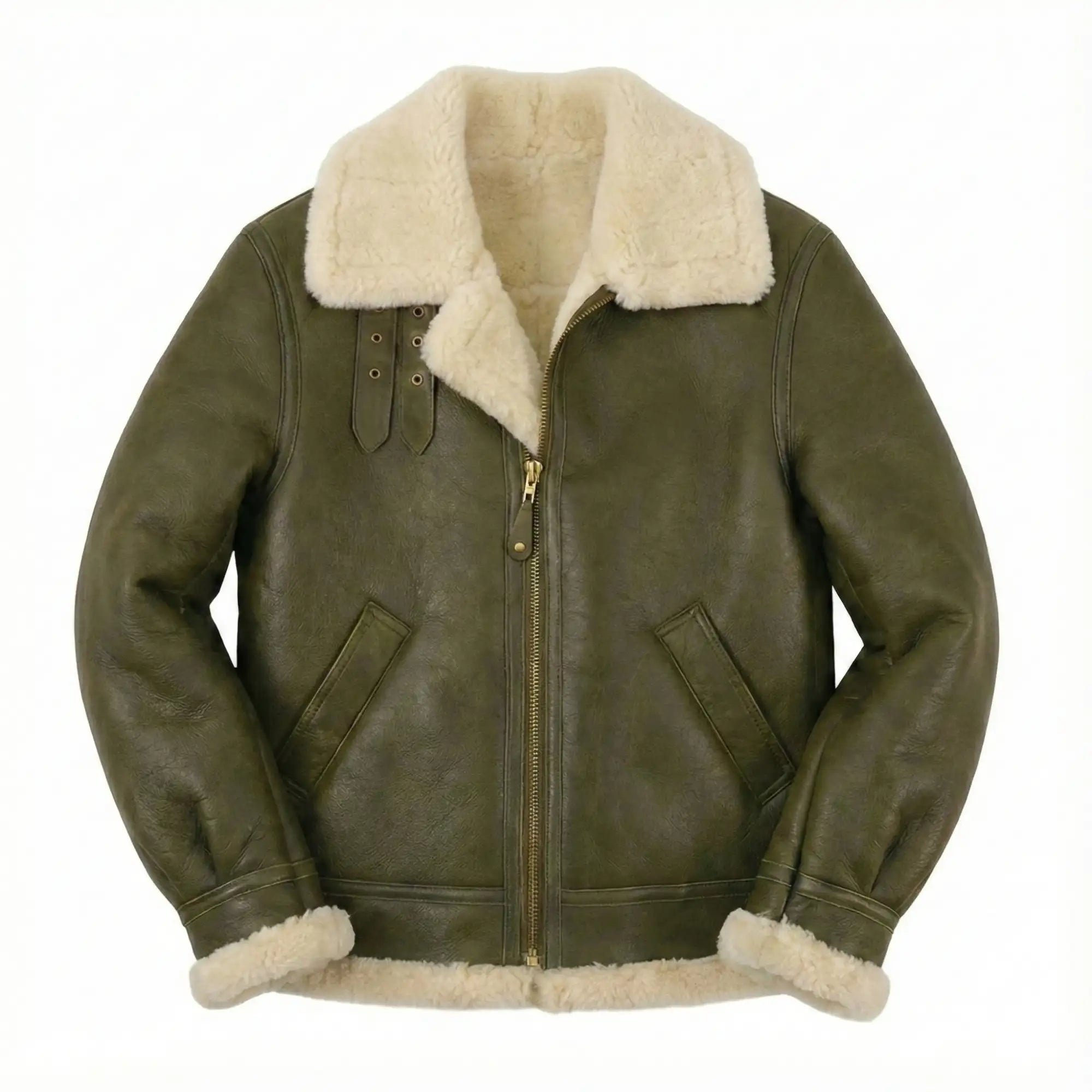 Green leather jacket with beige fur collar and cuffs on a white background