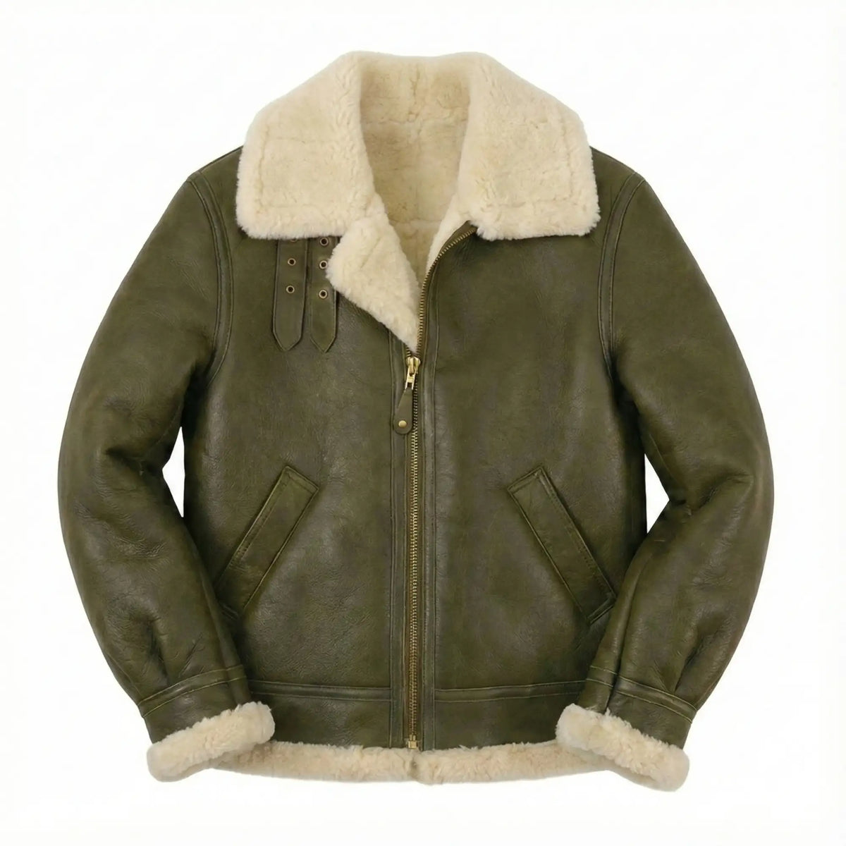 Green leather jacket with beige fur collar and cuffs on a white background