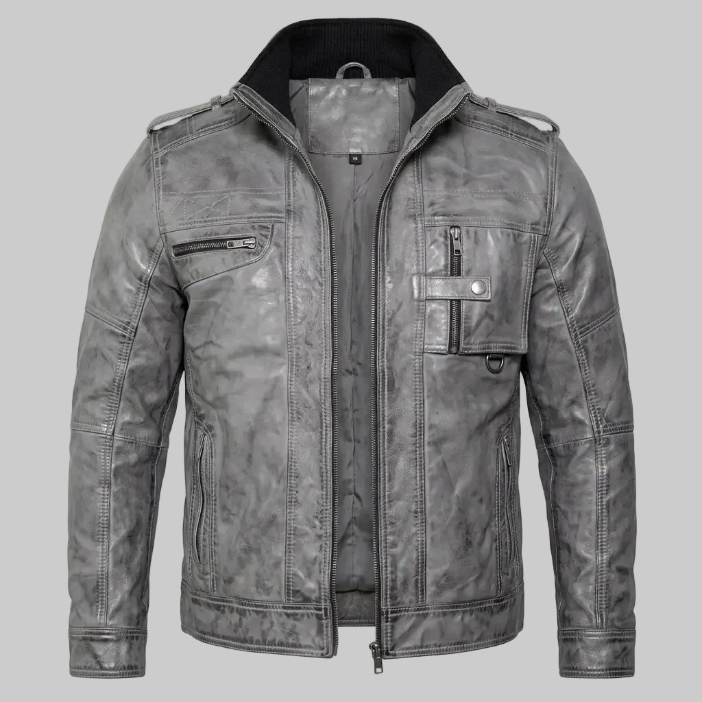 Men's Grey Real Sheepskin Leather Military Inspired Jacket