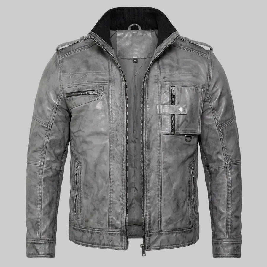 Men's Grey Real Sheepskin Leather Military Inspired Jacket