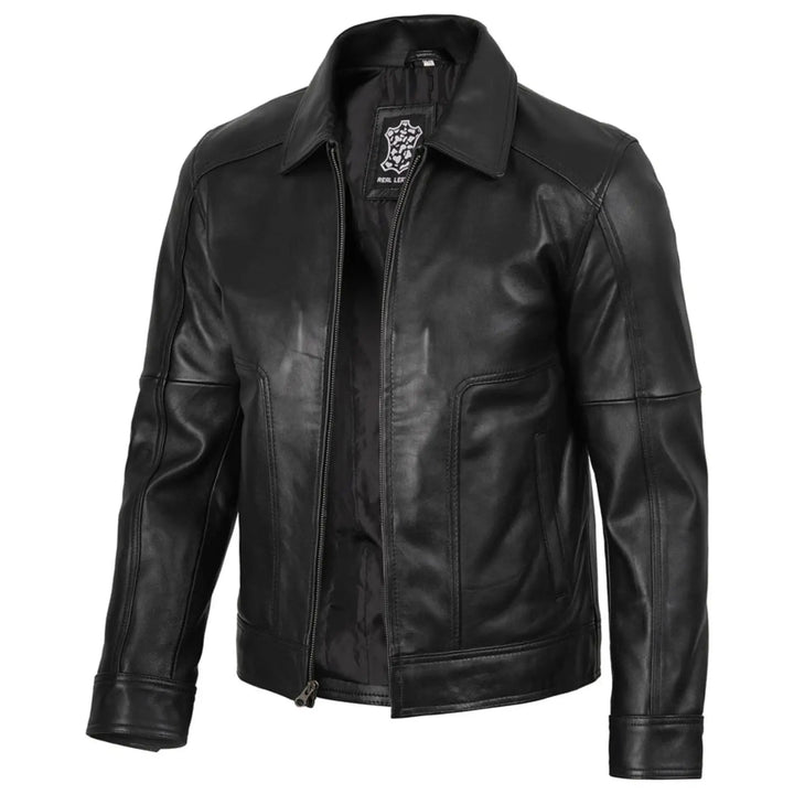 Black leather jacket on a white background