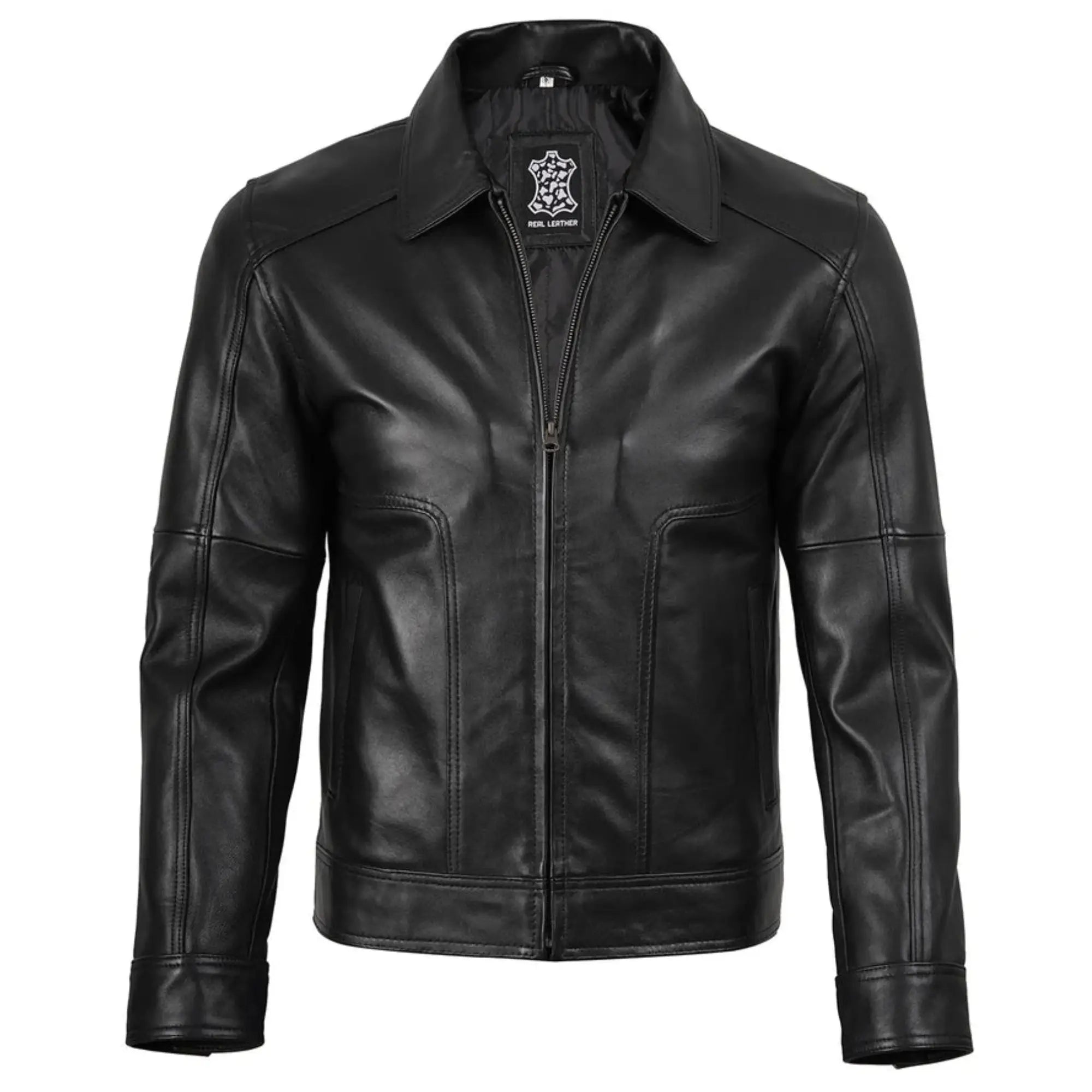 Black leather jacket on a white background
