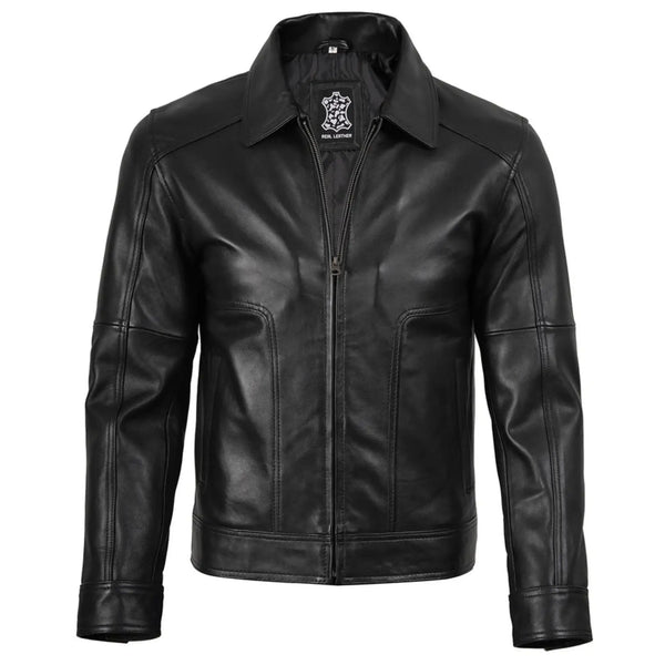 Black leather jacket on a white background