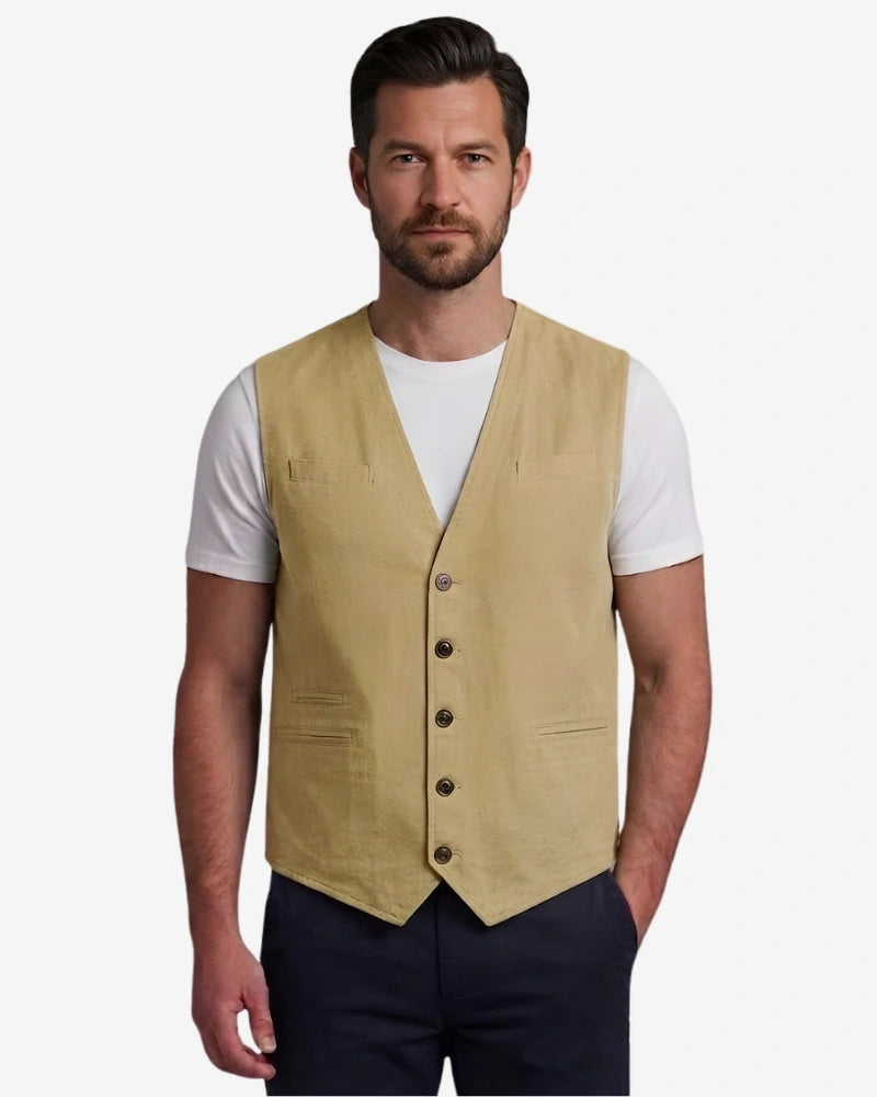 Men's Khaki Cotton Multi-Pocket Utility Vest
