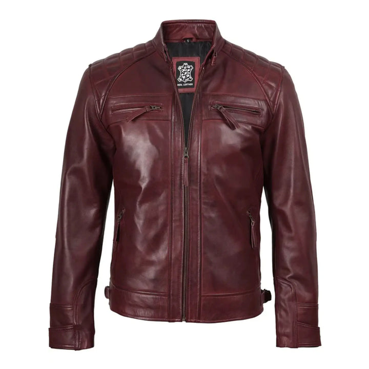 Maroon leather jacket on a white background