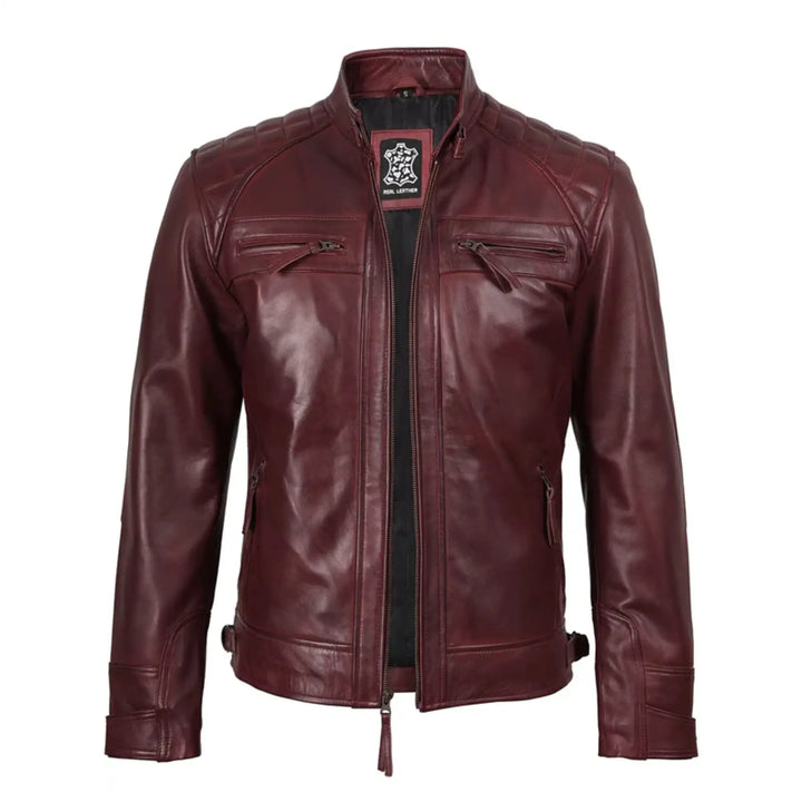 Maroon leather jacket on a white background