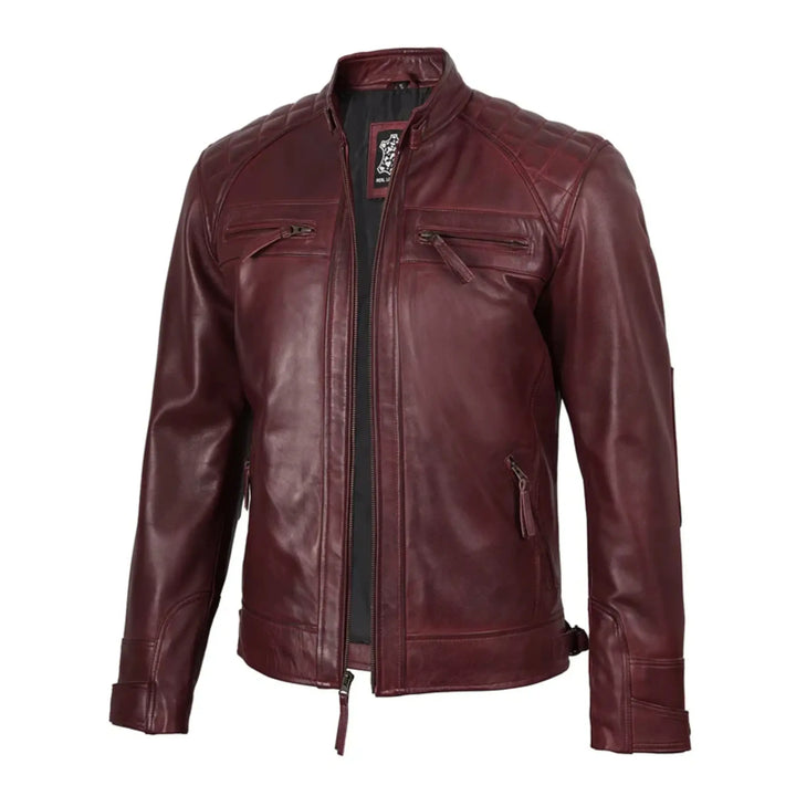 Maroon leather jacket on a white background