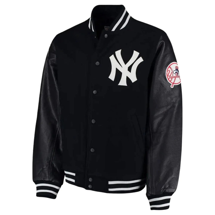 Black jacket with white logo and red patch on sleeve, featuring a famous sports team emblem.