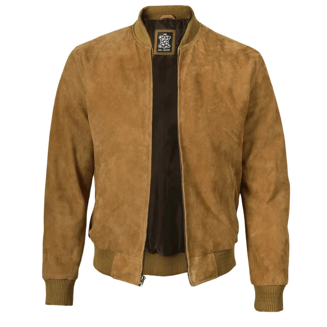  Men's Light Brown Suede Leather Bomber Jacket