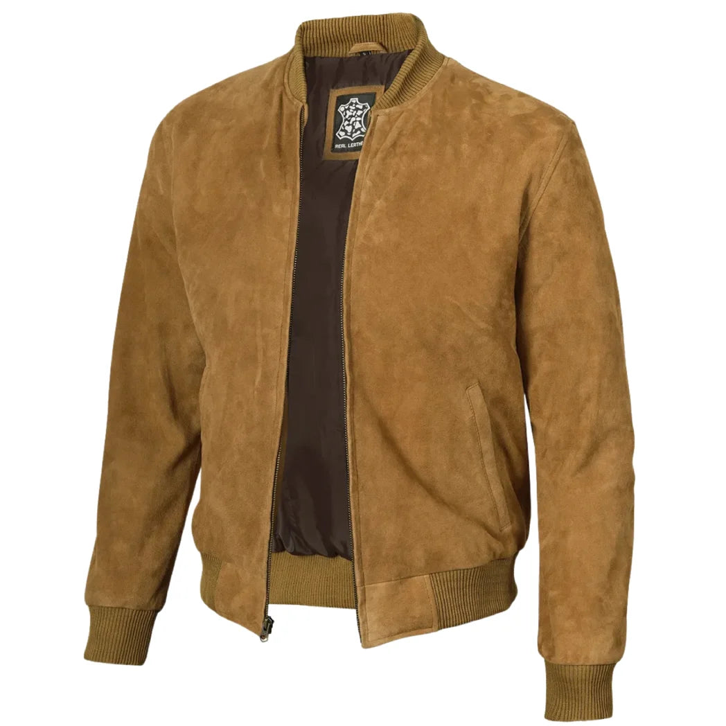  Men's Light Brown Suede Leather Bomber Jacket