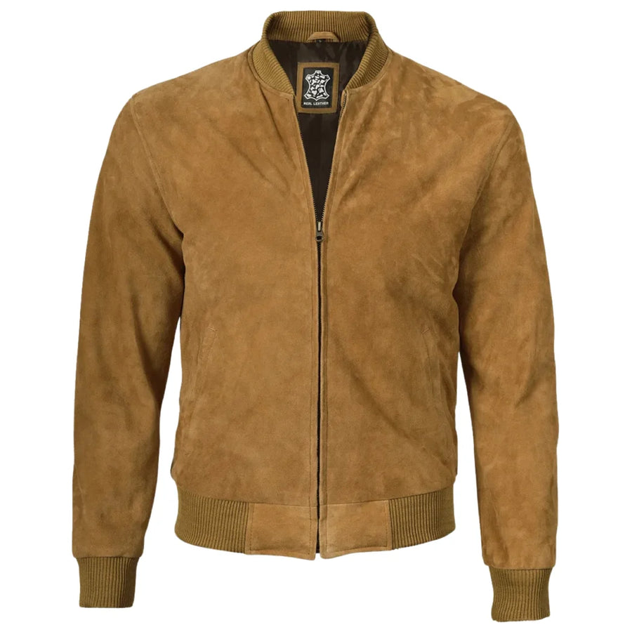 Men's Light Brown Suede Leather Bomber Jacket
