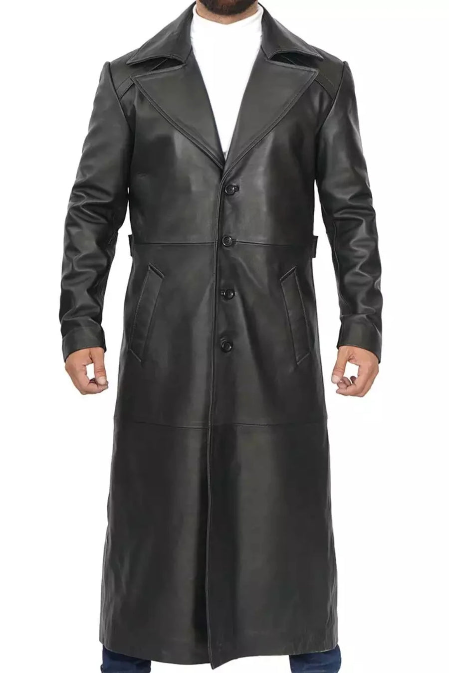 Men's Long Black Leather Overcoat - Duster Coat