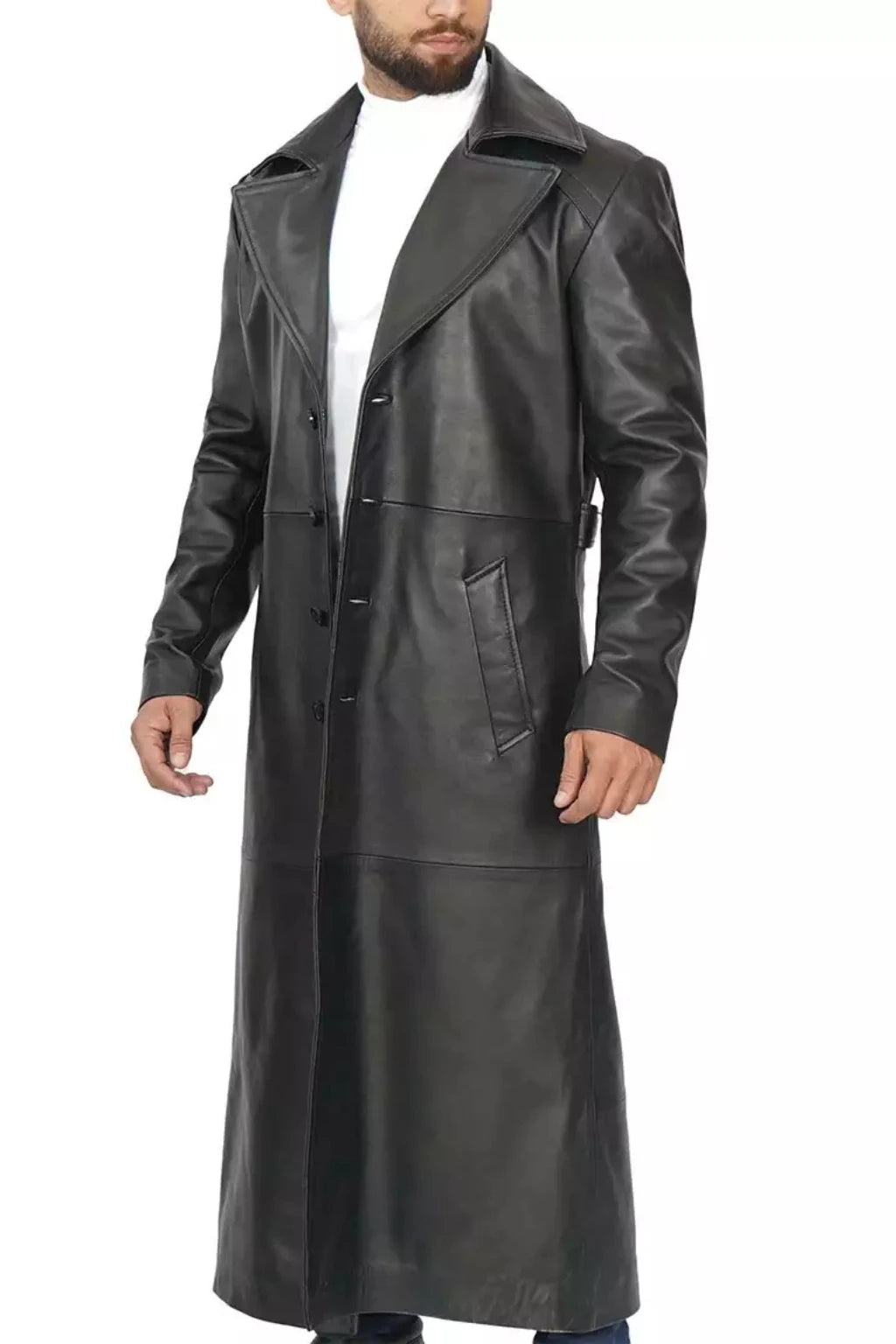 Men's Long Black Leather Overcoat - Duster Coat