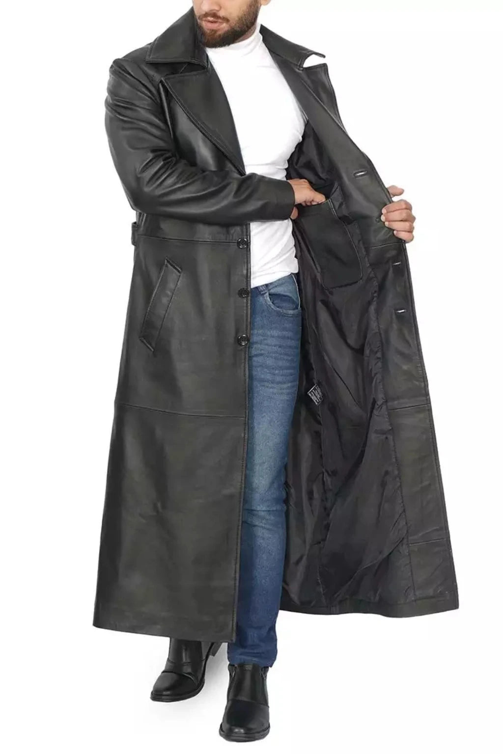 Men's Long Black Leather Overcoat - Duster Coat